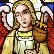 An up-close image of a stained glass window in our shrine.